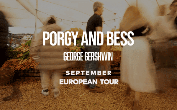 Promotional image for Porgy and Bess by George Gershwin, featuring text overlay with performance details for September in Europe. The background shows people shopping at a farmers market with fresh produce such as carrots, brinjals, and tomatoes on display.
