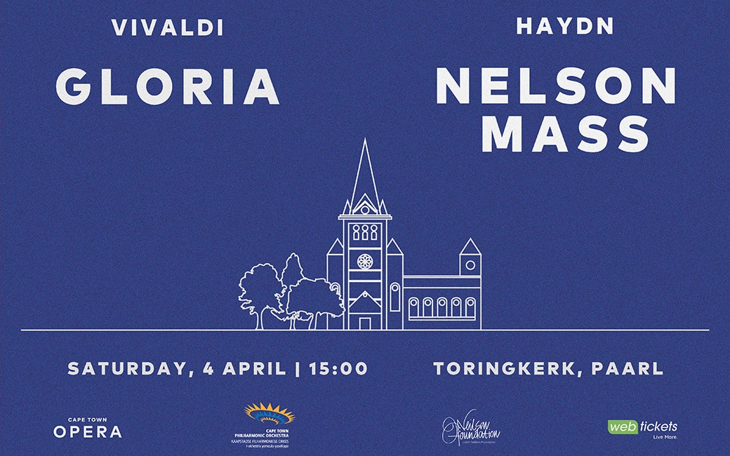 Promotional image for Haydn Nelson Mass and Vivaldi Gloria, presented by Cape Town Opera in collaboration with the Cape Town Philharmonic Orchestra. The design features white line art of a church and trees on a blue background, with performance details for Saturday, 4 April at 15:00 at Toringkerk in Paarl.