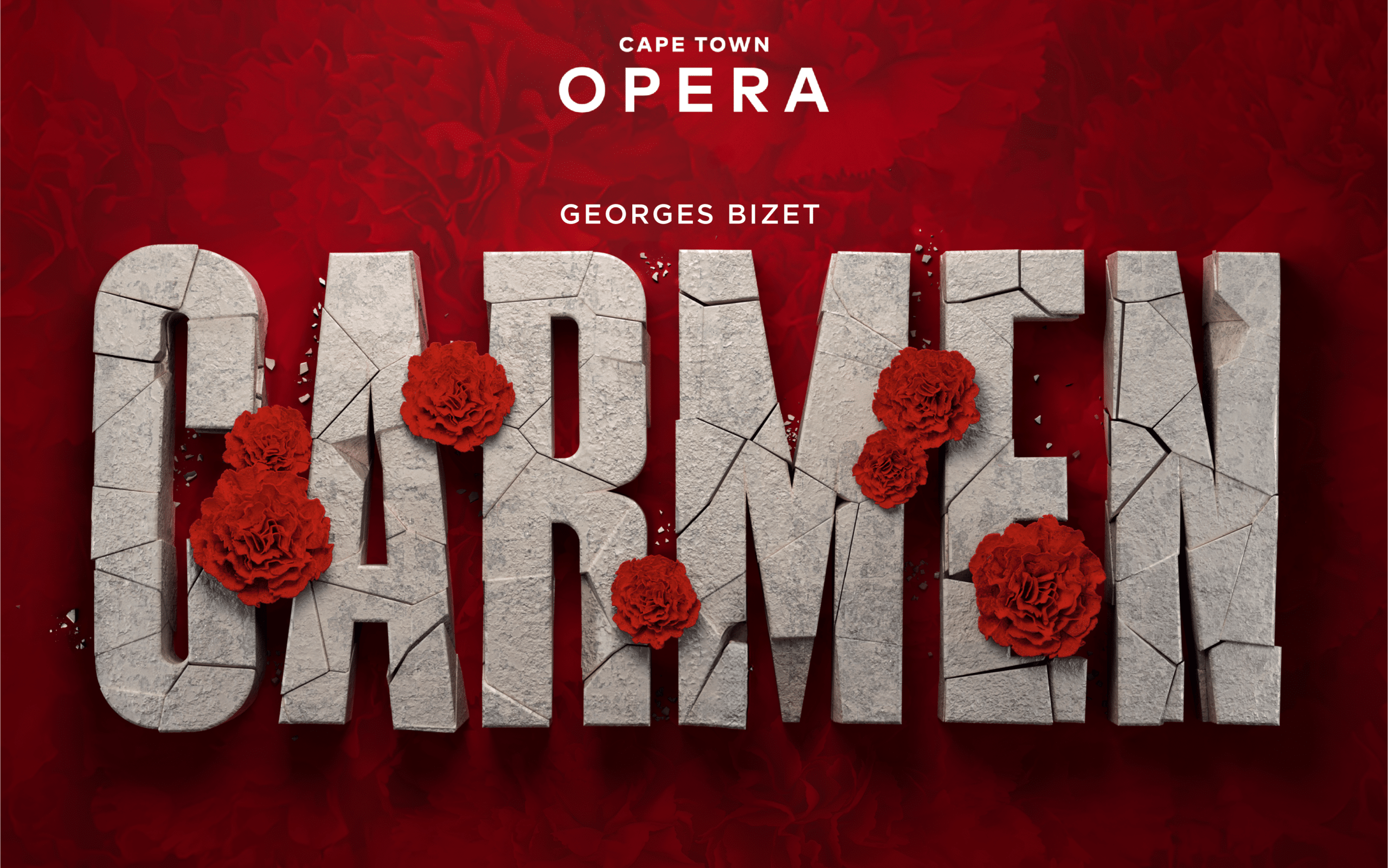 Marketing poster for Carmen by Georges Bizet, presented by Cape Town Opera at the Artscape Theatre Centre from 19–31 May 2026. The design features a deep red rose-inspired background with grey stone-textured lettering and red floral elements blooming through the title.