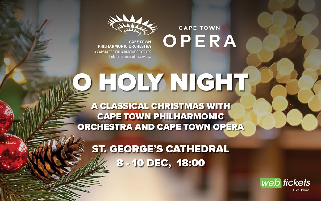 Here are the metadata options for the "O Holy Night" concert poster image (watermarked_img_2504635595100980097.png), optimized for promotional use, clarity, and SEO: 1. Alternative Text (Alt Text) Crucial for screen readers and search engines to read the text and details embedded in the graphic. Option 1 (Recommended): Promotional poster for Cape Town Opera's "O Holy Night: A Classical Christmas" featuring the Cape Town Philharmonic Orchestra. The event takes place at St. George's Cathedral from 8–10 December at 18:00. The background shows a softly blurred cathedral interior filled with a seated audience, warm candlelight, and Christmas greenery.